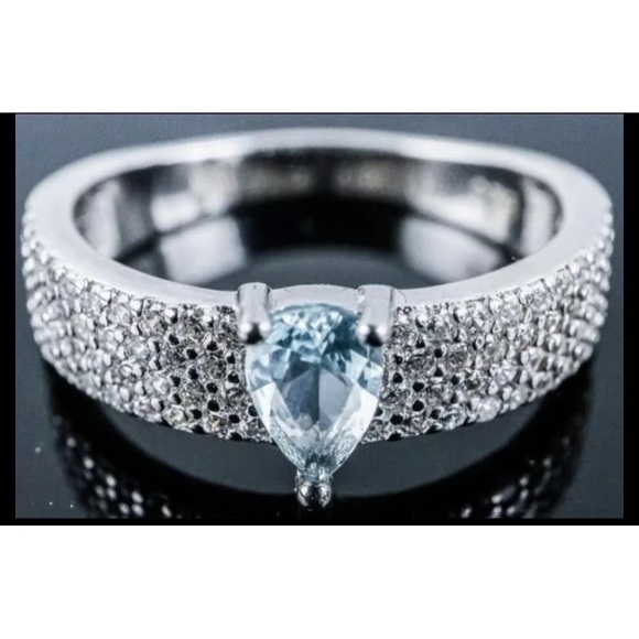 925 Sterling Silver Ring Micro Pave Set Band with Aqua Swarovski Element Size6.5 - Picture 2 of 2